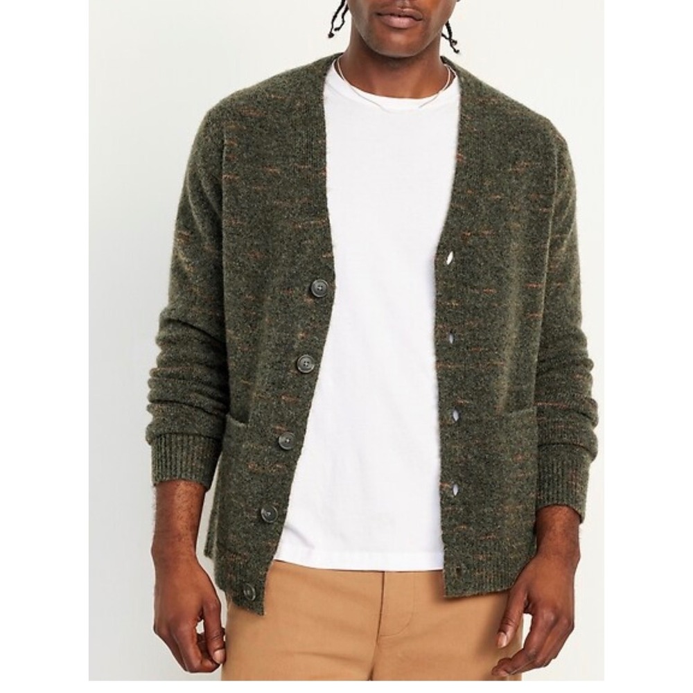 Old Navy Mens L Relaxed Space Dye Cardigan Sweater Olive Green Grandpa Button Up